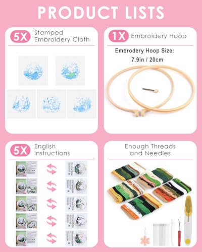 Image of TINDTOP 5 Pack Embroidery Kit for Adult, Embroidery DIY Starter Kit | with Fish World Stamped Patterns, Hoop, Tools, Colorful Threads with Needles, Instructions
