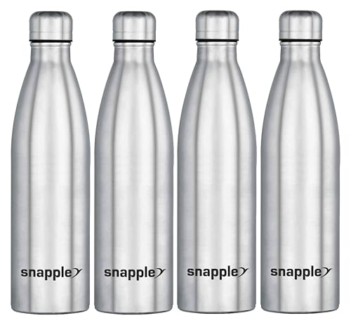 Snapple HYDRO+ Single Wall Stainless Steel Water Bottle for Fridge | Gym | Home | Office | 1000 ml Water Bottle (Pack of 4, Silver, Steel)