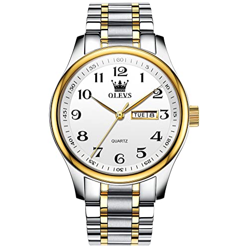 OLEVS Watch for Men Gold and Silver Tone Stainless Steel Band Analog Quartz Dress Watches Simple...