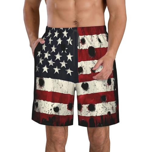 Men & Boys Classic Fit Swim Trunks for Beach Gym Sport Quick Dry Drawstring Basic Board Shorts with Pockets, Underwear American USA Flag War Bullet Hole Fashion Cargo Short