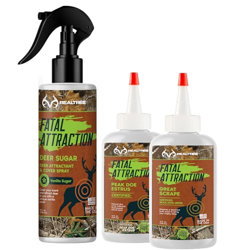 Zone Realtree Fatal Attraction Big Buck Bundle – Deer Sugar Vanillin Cover Scent Peak Doe Estrus & Great Scrape – Complete Deer Attractant System for Rut & Whitetail Hunting