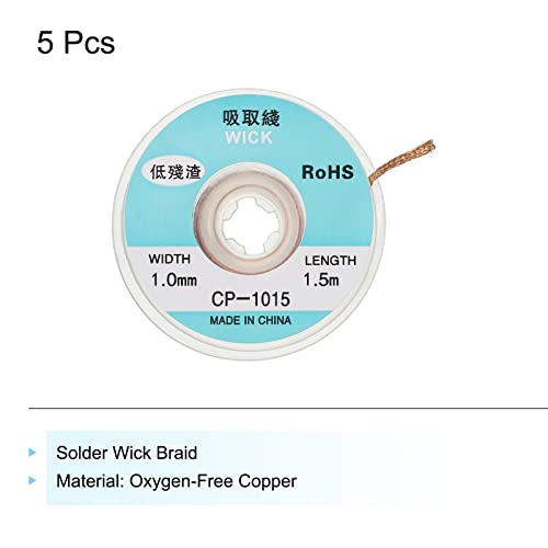 Image of MECCANIXITY Solder Wick Braid No-Clean Desoldering Wick Braid 0.04 Inch Width 4.92 Feet Length for Remove the Solder Electrical Components 5 Pack