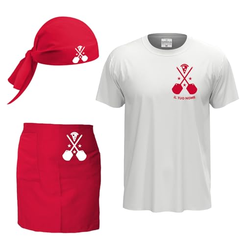 fratelliditalia.org Set für Küche, Restaurant, Pizzeria mit T-Shirt und kurzer Schürze und Bandana, personalisierbar mit Logo und Name