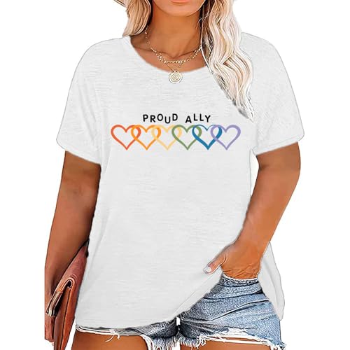 Image of Pride Shirt Women Plus Size Rainbow Graphic tees Retro neon Party Clothing Girl Summer Tops Casual Tie dye Shirt, White, 5XL Plus