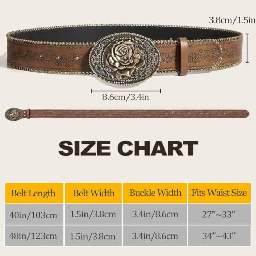 Image of Yalice Western Brown Belt for Women Vintage Cowgirls Leather Jeans Belts with Embossed Buckle