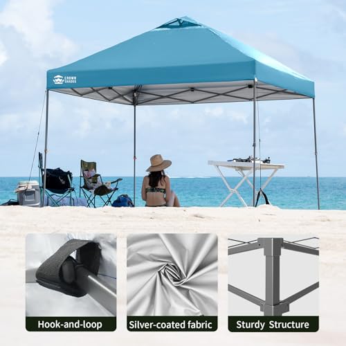 Image of CROWN SHADES Adjustable Height on The Fly, 10x10 Pop Up Canopy - Beach Tent with One Push Setup - Easy Outdoor Sun Shade for Events, Parties, Camping - Outside Shade with STO-N-Go Bag, Cyan Blue