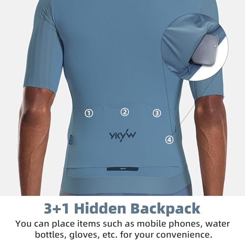 Image of YKYWBIKE Cycling Jersey Men Aero Race Fit, Road Bike Jersey Short Sleeved Moisture Wicking, Breathable,Zip Pocket,UPF50+