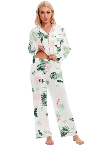 Image of LUBOT 100% Cotton Pajamas for Women Pajama Set 2 Piece PJ Sleepwear Set Soft Ladies Button Knit Long Sleeve Loungewear XS-XXL