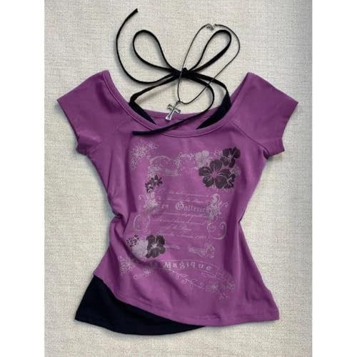 Baby Tee Y2k Women Grunge Top Emo 2000s Vintage Fake Two Piece Short Sleeve T Shirt Crop Tops Teens