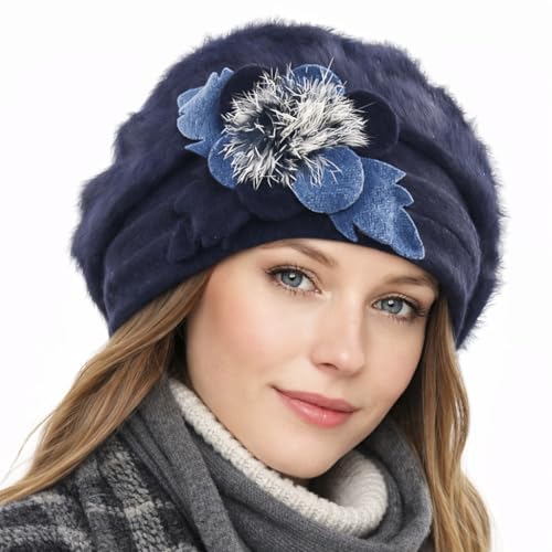 VECRY Lady French Beret 100% Wool Beret Floral Dress Beanie Winter Hat (Angola-Navy)