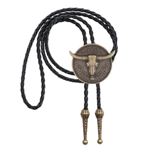 Image of Joxevyia Bolo Tie for Men Vintage Cow Skull Leather Rope Western Cowboy Necktie Vintage Bola Tie Gift for Him