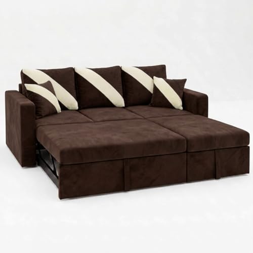 Image of FURNY Trivia 4 Seater RHS Lounger Sofa Cum Bed (Dark Brown) with Pull-Out Function | Luxury Velvet Suede Finish | Durable Comfort | Ideal for Living Room