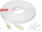 Estructura plana: diseño de cable plano Cat7 – Ayuda a evitar enredos de cables y ahorra espacio. El cable Ethernet plano es súper flexible cuando se ejecuta bajo la alfombra o se dobla en el plano de su sección transversal delgada como puertas, brazos giratorios, cajones, etc.