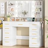 BEWISHOME Grande Tocador de Maquillaje con Luces,3 Colores,Brillo Ajustable,Tocador con Espejo y Enchufes,Mesa de Maquillaje con 11 Cajones y 6 Estantes Abiertos para Dormitorio Moderno Blanco EFST50W