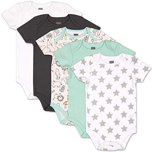 Peanutshell Safari 5-Pack Short Sleeve Baby Bodysuits for Boys or Girls in Unisex Grey, Black and Light Green (18M)