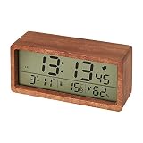 SKYXIU Battery Operated Wooden LCD Digital Alarm Clock for Bedroom with Calendar & Temperature,Humid
