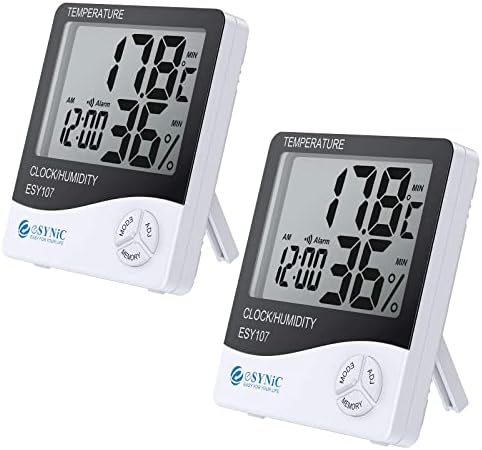 Digital Hygrometer Thermometer,eSynic Popular 2Pcs Indoor Digital Thermometer Hygrometer With Large Clear LCD Display Temperature Humidity Monitoring & Time Record Perfect for Bedroom Office ect
