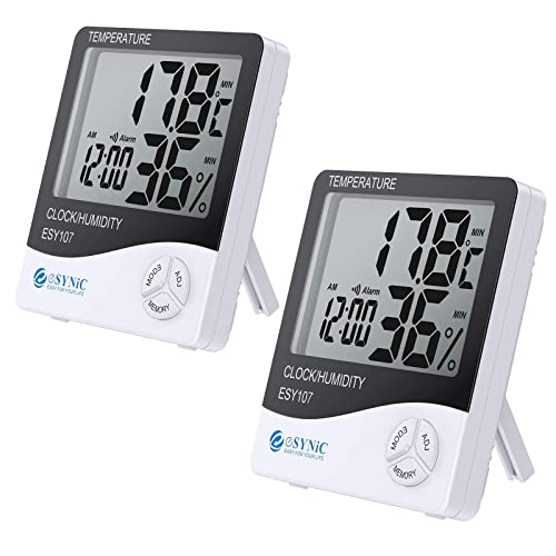 ESynic 2 Piezas Digital Medidor Termómetro Higrómetro LCD Con Reloj De Alarma Monitor De Humedad De Temperatura Interior Para El Familia Oficina