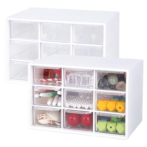 Confezione da 2 scatole per il fai da te, per cassetti e cassetti, con 9 cassetti, estraibili, trasparenti e bianche, per forniture e accessori