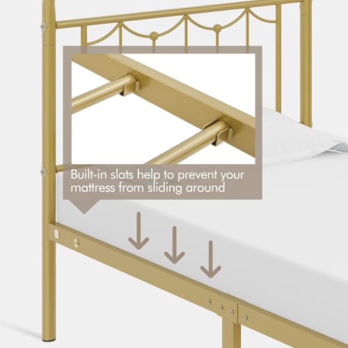Yaheetech Twin Size Metal Bed Frames with Vintage Headboard and Footboard, Farmhouse Metal Platform Bed, Heavy Duty Steel Slat Support, Ample Under-Bed Storage, No Box Spring Needed, Antique Gold
