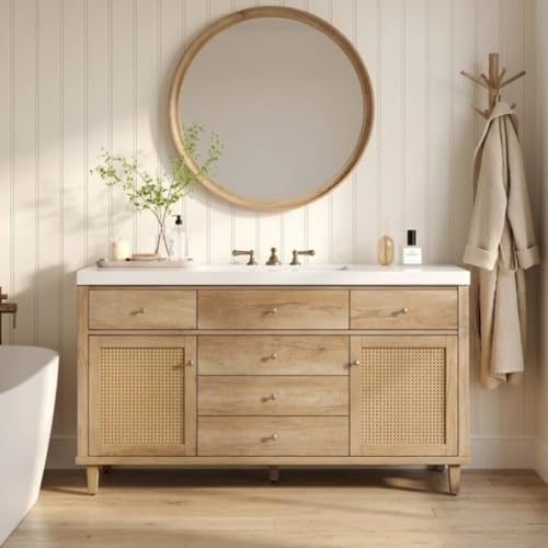 THINK 30 60 Bathroom Vanity with Sink Freestanding Single Bathroom Vanity PE Rattan Front Cabinets 5 Pine Legs Storage Cabinets for Large Bathrooms Antique Natural Upgrade