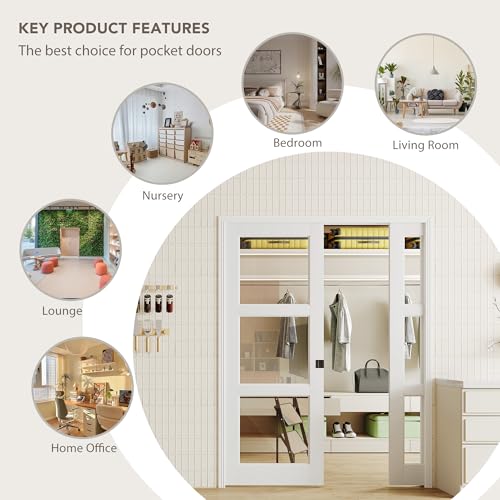 Image of Sliding Pocket Door with Lock, 32 inch x 80 inch, 3-Lite Clear Tempered Glass Pocket Doors with Frame and Hardware Kit Set, Interior Door Slab, White Primed - No Panel Assembly Required