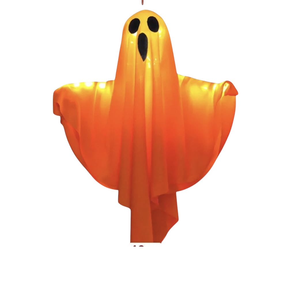 Hemasa Lot de 4 fantômes lumineux pour Halloween - Fantômes effrayants volants pour intérieur et extérieur - Décoration de vacances à suspendre (orange)