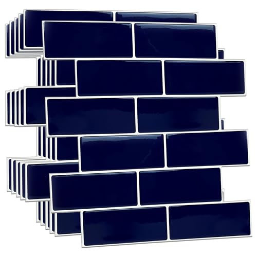 WALPLUS Lot de 6 Pièces 3D Credence Adhesive pour Cuisine 30.5x30.5 cm Amovible Carrelage Adhesif Mural Cuisine Bleu Foncé Stickers Muraux Cuisine Carrelage...