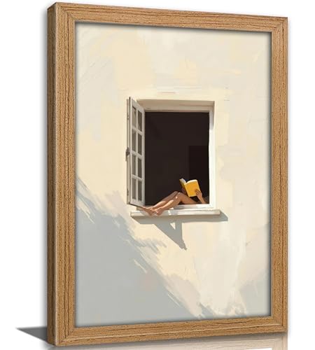 Framed Woman Reading by Window Wall Art, Textured Impressionist Oil Painting Canvas Prints, Soft Neutral Tone Wall Decor, for Book Lovers & Home Office,12x16in