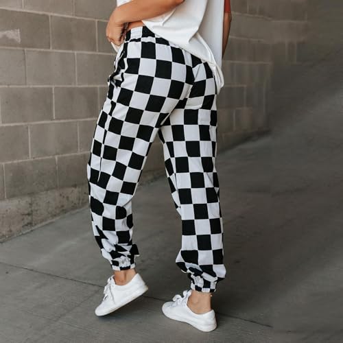 Women's Checkered Sweatpants Plaid Elastic Waist Joggers Casual Pants with Pockets3