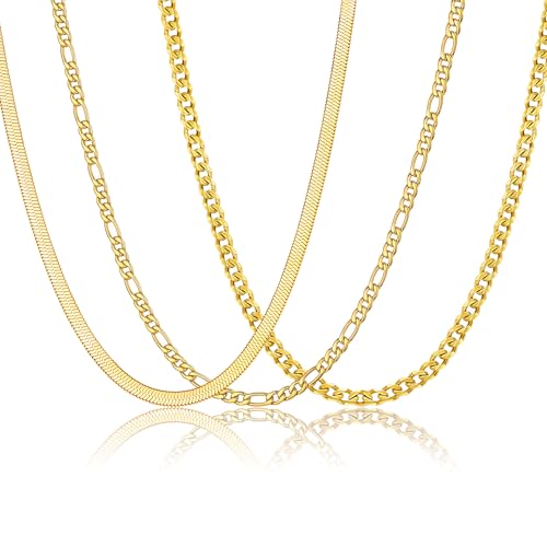 Graduation Gifts -3 Pcs Chain for Men Necklace for Boys 316L Stainless Steel Cuban Link/Figaro/Herringbone Chains Set Jewelry Gifts for Men Women Boys Black/Gold/Silver 16/18/20/22/24 Inches