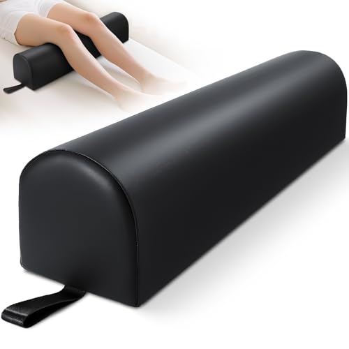 Image of Noverlife 3 /4 Round Massage Table Bolster Pillow with Strap Handle, 26 x 6 x 6 in PU Leather Massage Bolster for Under Legs, Cozy Positioning Support Pad for Knee Neck Back Pain Relief - Black