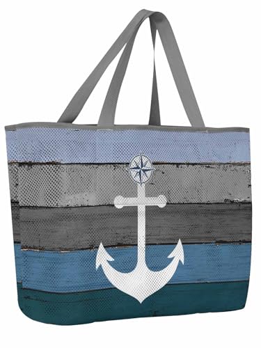 Mesh Beach Bag Oversized Tote Bags for Women Nautical Anchor Ocean Theme Large Travel Pool Bags with 8 Pockets