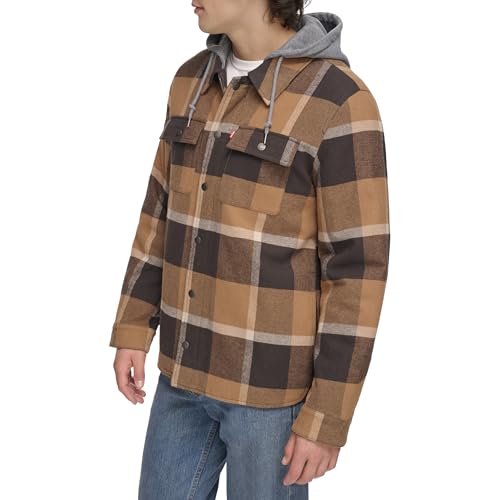 Image of Levi's mens Plaid Sherpa Lined Hooded Shirt Jacket (Regular & Big & Tall Sizes)
