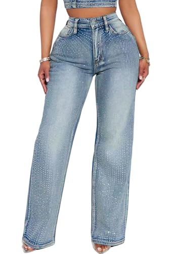 Womens Rhinestone Jeans High Waist Sparkly Straight Wide Leg Denim Pants Y2K Baggy Vintage Glitter Trousers