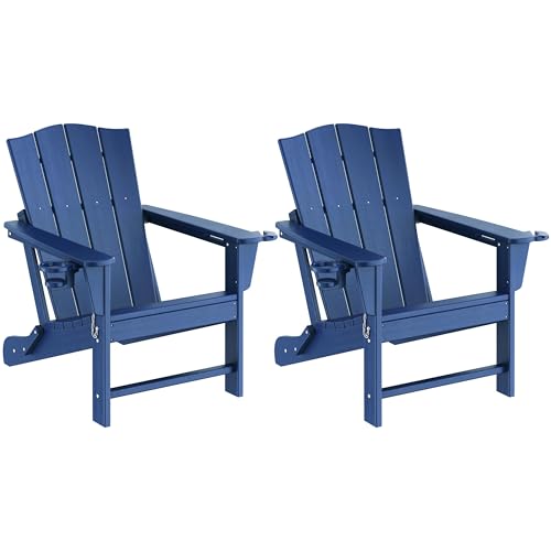 Yaheetech Folding Adirondack Chair Set of 2, HDPE Plastic Adirondack Chair with Cup/Mobile Phone Holder for Deck, Patio, Pool, Backyard, Weather Resistant, Wooden Texture, Easy Assembly Navy Blue