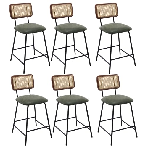 Image of Bar Stools Set of 6, 26 inch Modern Rattan Counter Height Bar Stools with Metal Legs, Upholstered Faux Leather Barstools with Cane Backrest for Kitchen Home Bar Restaurant, Green