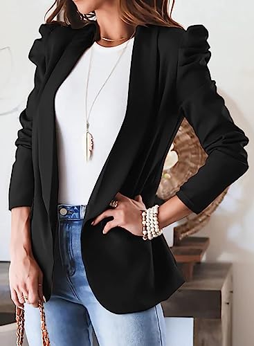 KIRUNDO Women's 2025 Spring Fall Casual Blazers Puff Sleeve Lapel Open Front Work Suit Office Blazer Jackets with Pockets2