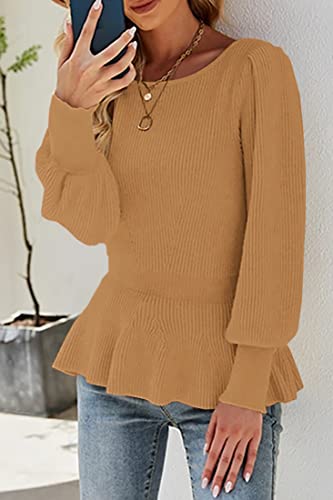 Image of Womens Fall Puff Sleeve Peplum Casual Slim Fit Knit Pullover Sweater Jumper Tops