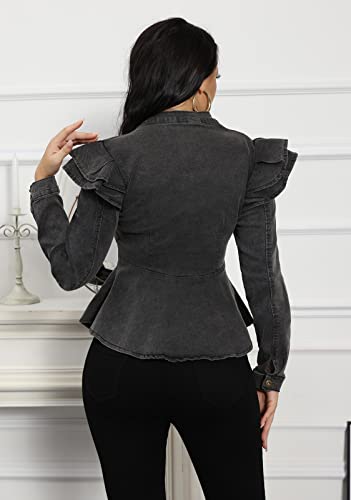 ECHOINE Women Casual Denim Jacket - Long Sleeve Zip Ruffle Shoulder Jean Jackets Peplum Coat Plus Size3