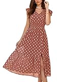 GRACE KARIN 2026 Womens Summer Dresses V Neck Ruffle Sleeve Floral Boho Beach A-Line Dress Light Brick Red-Gold Dots Medium