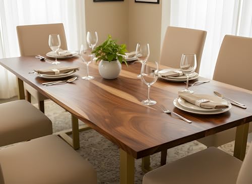 Image of REDWOOD Wooden 6 Seater Dining Table Only | 69x24 Inch Rectangular Dinner Table Without Chairs for Home, Office, Hotel & Restaurant | Natural Finish, Industrial Metal T-Shape Golden Legs