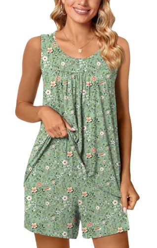 Image of POPYOUNG Pajama Set for Women Summer 2 Piece Lounge Shorts Sets Sleepwear | Womens Pajama Sets Cooling pijamas de mujer for Summer with Pockets Sleeveless Nightwear Outfits Pjs Shorts Set