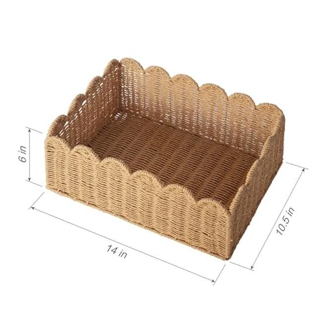 Scalloped Edge Basket, Wicker Storage Baskets, Hand Woven Baskets for Shelves,Natural Baskets for Organizing (M-14 L x 10.5 W x 6 H)