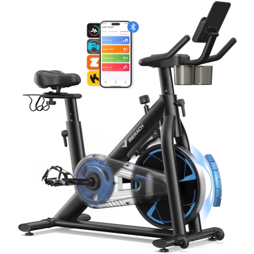 MERACH Heimtrainer Fahrrad mit Magnetischem Widerstand, Leises Hometrainer Fahrrad mit Verbesserter Stoßdämpfender Luftkissensattel, Eigener App, Stabiler H-Rahmen für besseren Halt, Bis 150KG