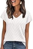 WIHOLL PULLOVER DAMEN KURZARM SOMMER ELEGANT T SHIRT LEICHT V-AUSSCHNITT STRETCH OBERTEILE BASIC STRICKPULLOVER TOPS WEISS XL