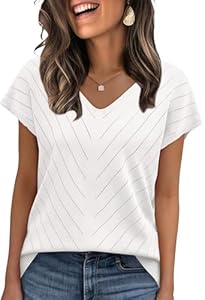WIHOLL Pullover Damen Kurzarm Sommer Elegant T Shirt Leicht V-Ausschnitt Stretch Oberteile Basic Strickpullover Tops Weiß M