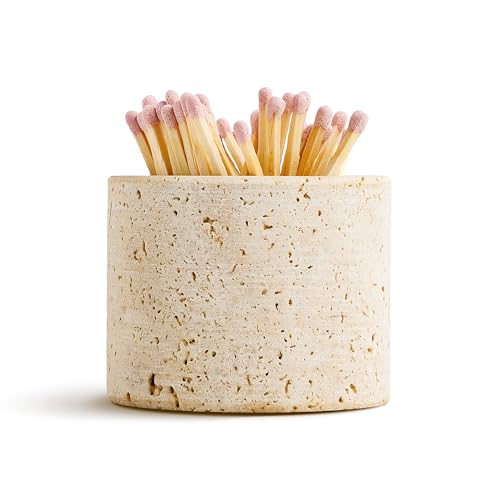 WORHE Travertine Stone Match Holder with Striker & Extra Striker Pad - 2.6 x 2 Decorative Matchstick Organizer for Fireplace Candles Parlor Cute Match Jar for Home Decor Gift Matches Not Included