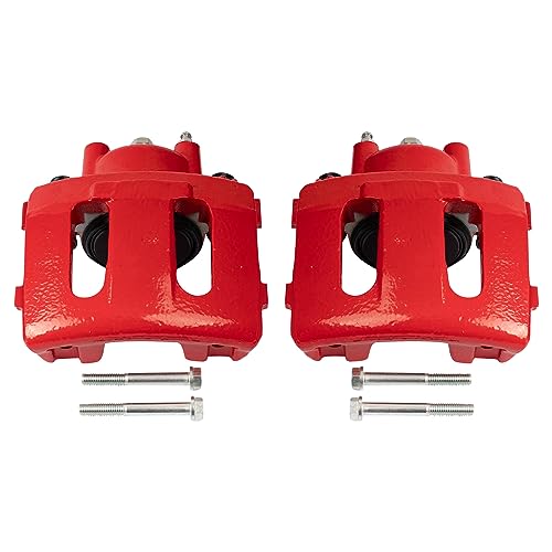 Image of TRQ Front Brake Caliper Set Painted Red Brackets Compatible with 1990-2001 Jeep Cherokee 1990-1992 Comanche 1993-1998 Grand Cherokee 1993 Grand Wagoneer 1990 Wagoneer 1990-2006 Wrangler