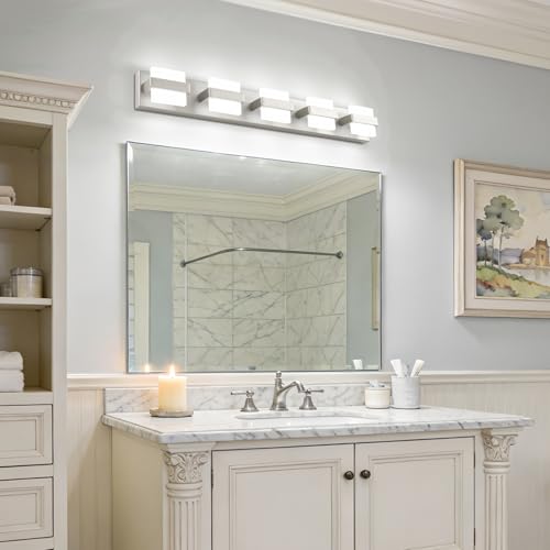 Image of SOLFART 5-Light Bathroom Vanity Lights Over Mirror,Brushed-Nickel LED Modern Vanity Lights for Bathroom, Dimmable